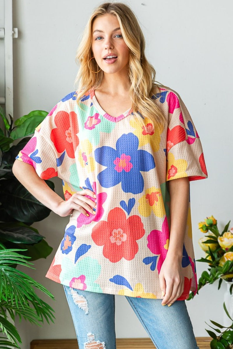 HOPELY Full Size Floral V-Neck Side Slit T-Shirt