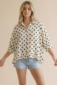Plus Collared Button Down Peplum Polka Dot Print