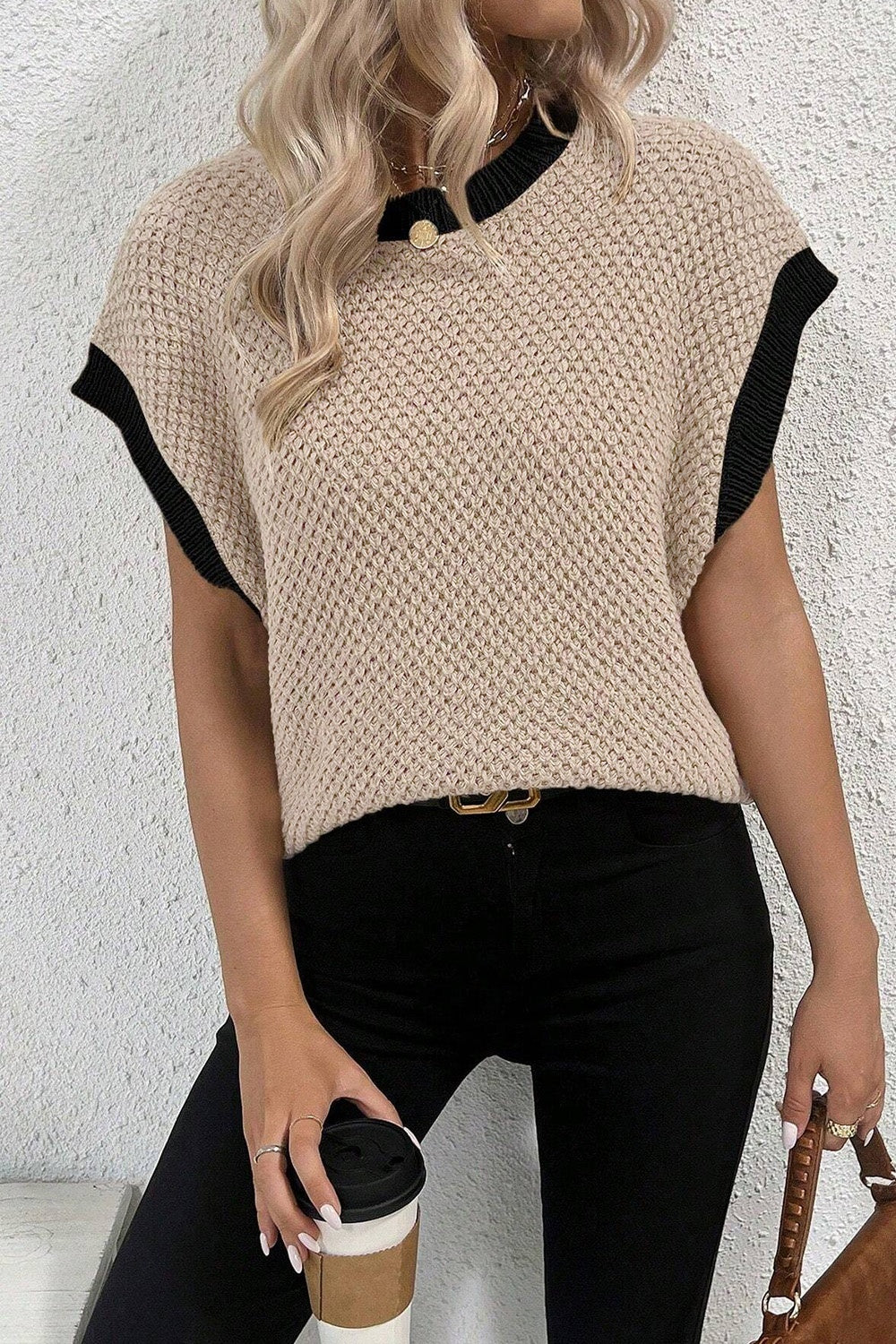 Contrast Round Neck Cap Sleeve Knit Top