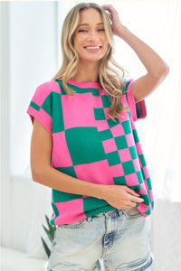 First Love Checkered Drop Shoulder Knit Top