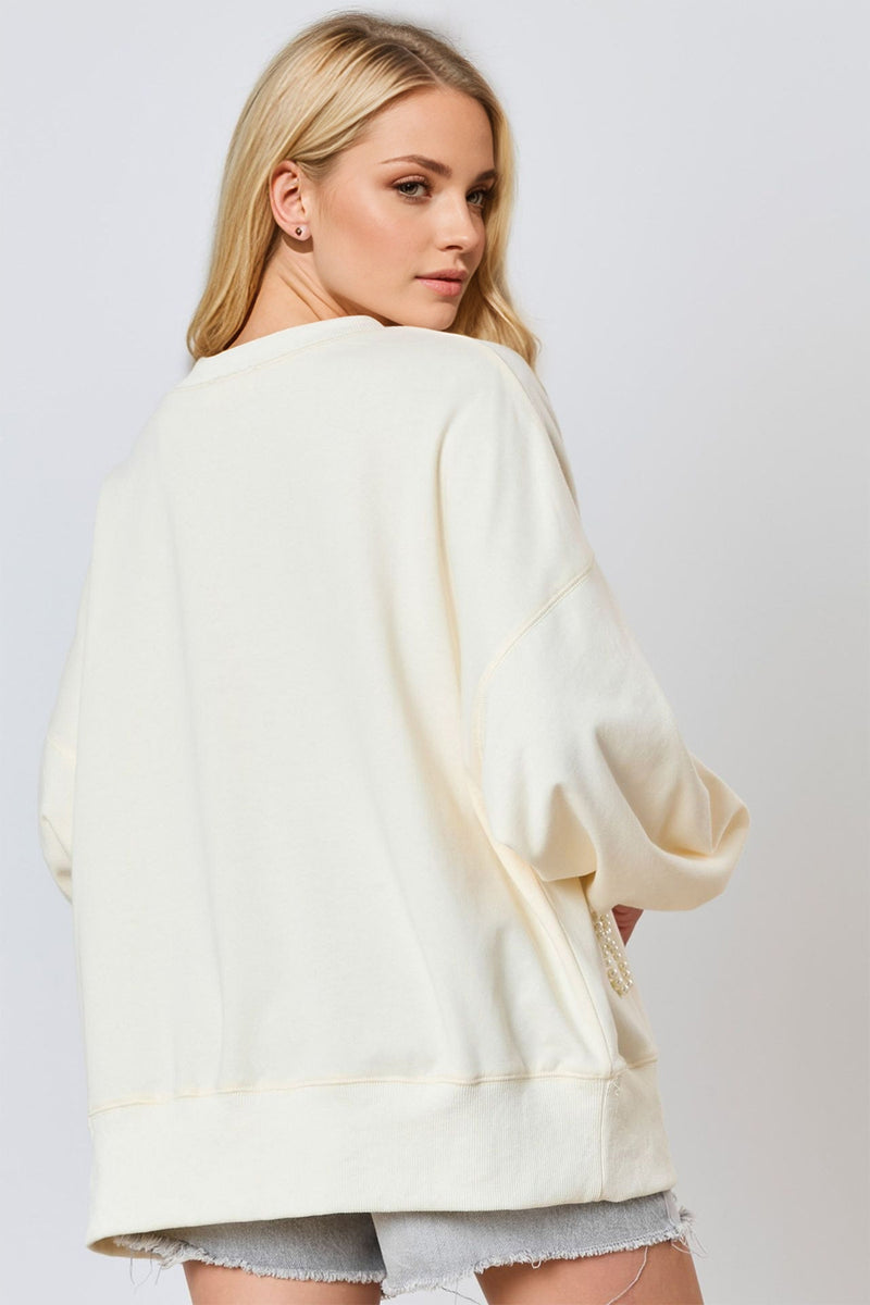 Pearl Bow Round Neck Dropped Shoulder Sweatshirt