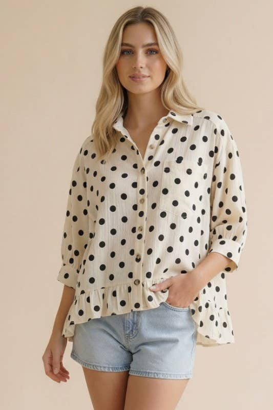 Collared Button Down Peplum Polka Dot Print