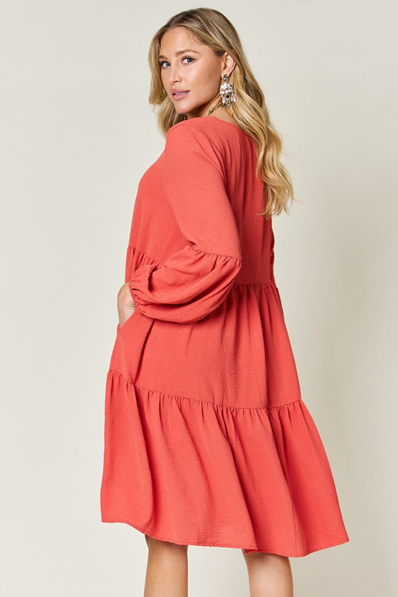 Double Take Full Size V-Neck Balloon Sleeve Tiered Dress