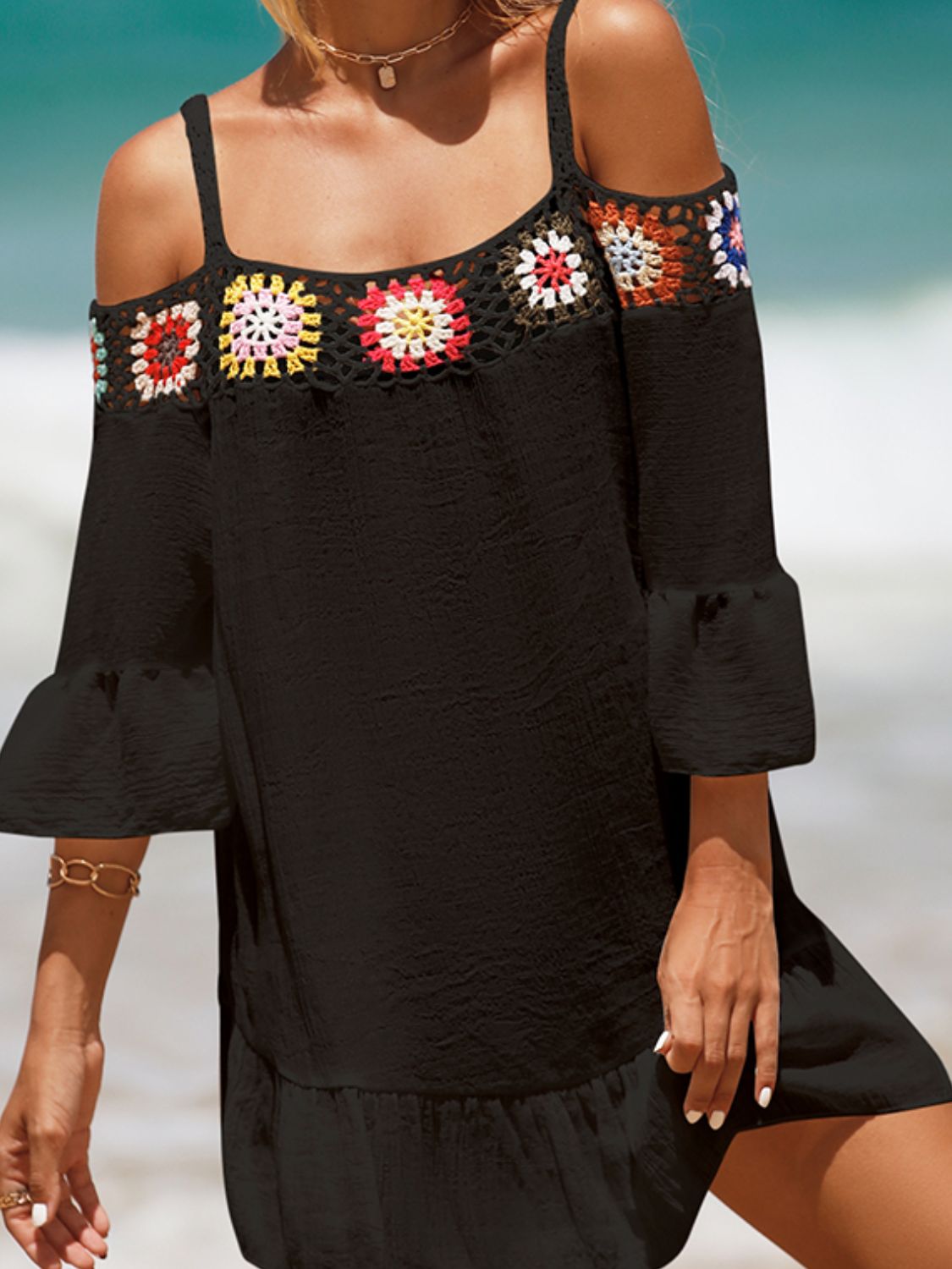 Crochet Cold Shoulder Three-Quarter Sleeve Cover Up