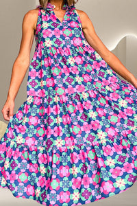 Printed Notched Sleeveless Midi Dress