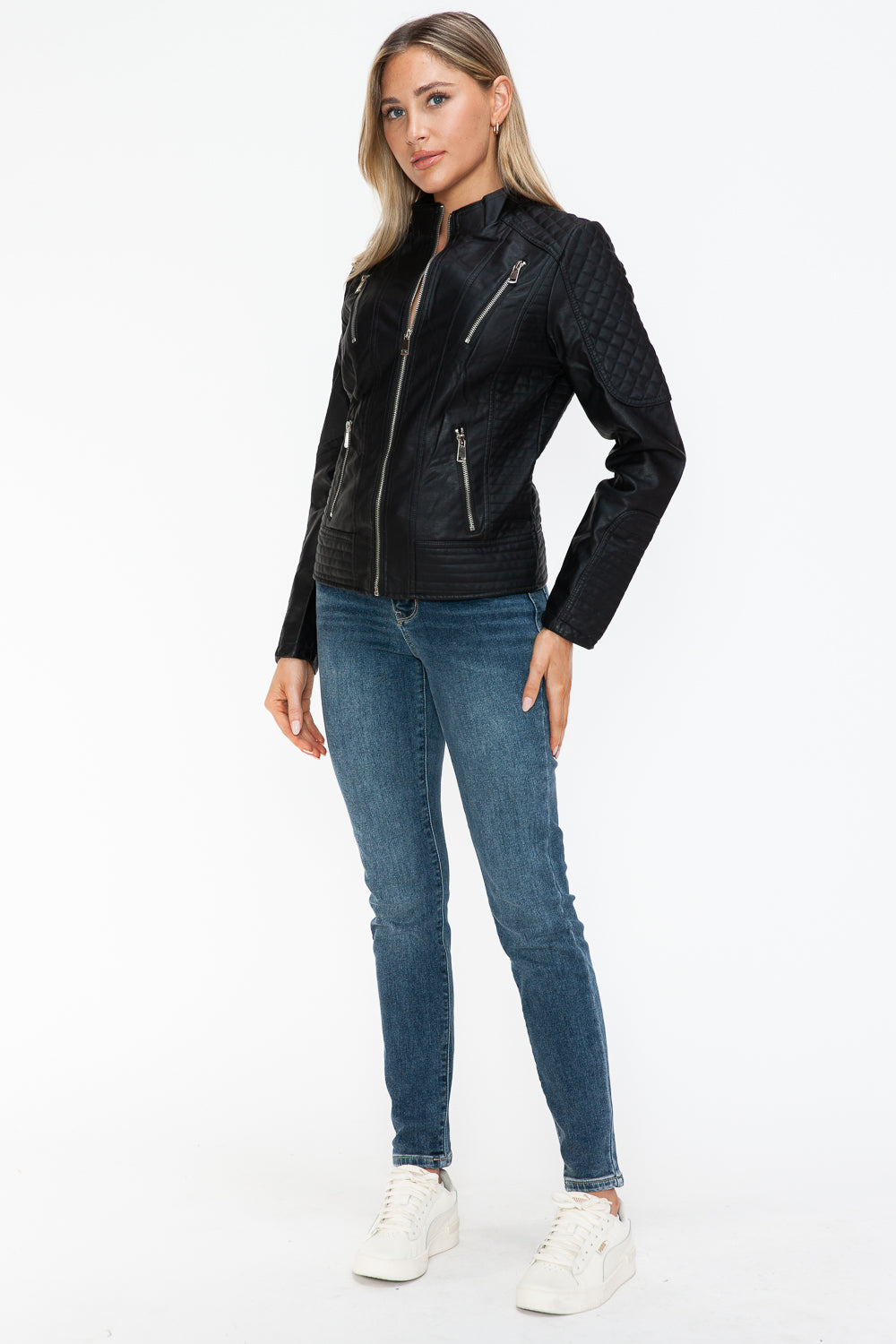 Snobbish Faux Leather Zip Up Mock Neck Jacket