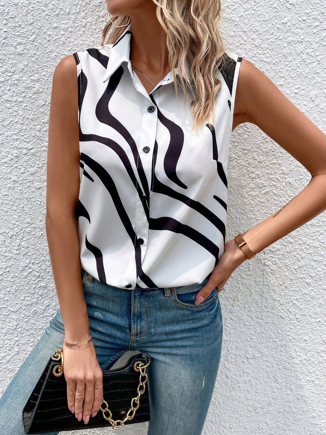 Button Up Printed Collared Neck Top