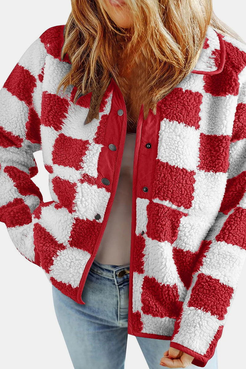 Checkered Snap Down Long Sleeve Teddy Jacket