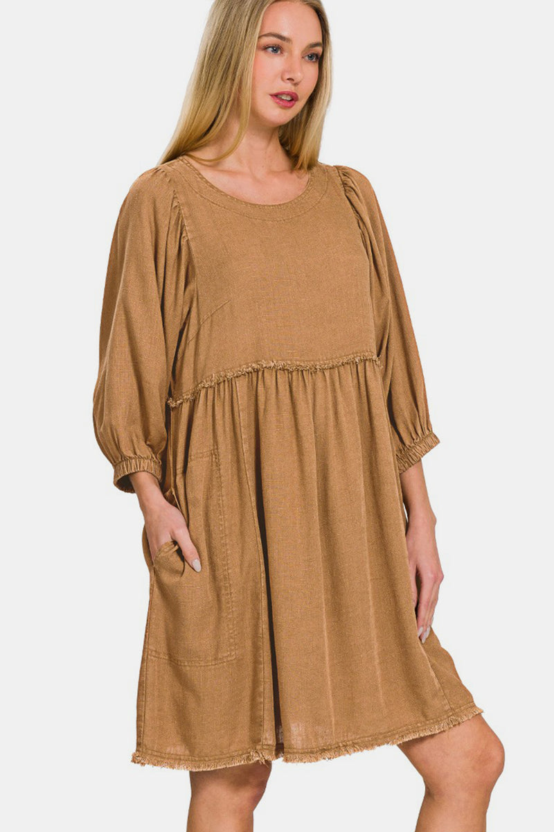 Zenana Washed Linen Pleated Puff Sleeve Babydoll Dress