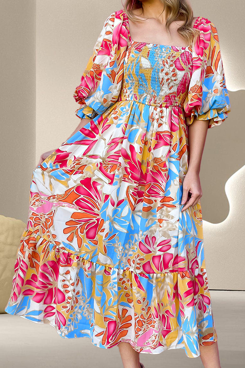 Smocked Printed Half Sleeve Midi Dress