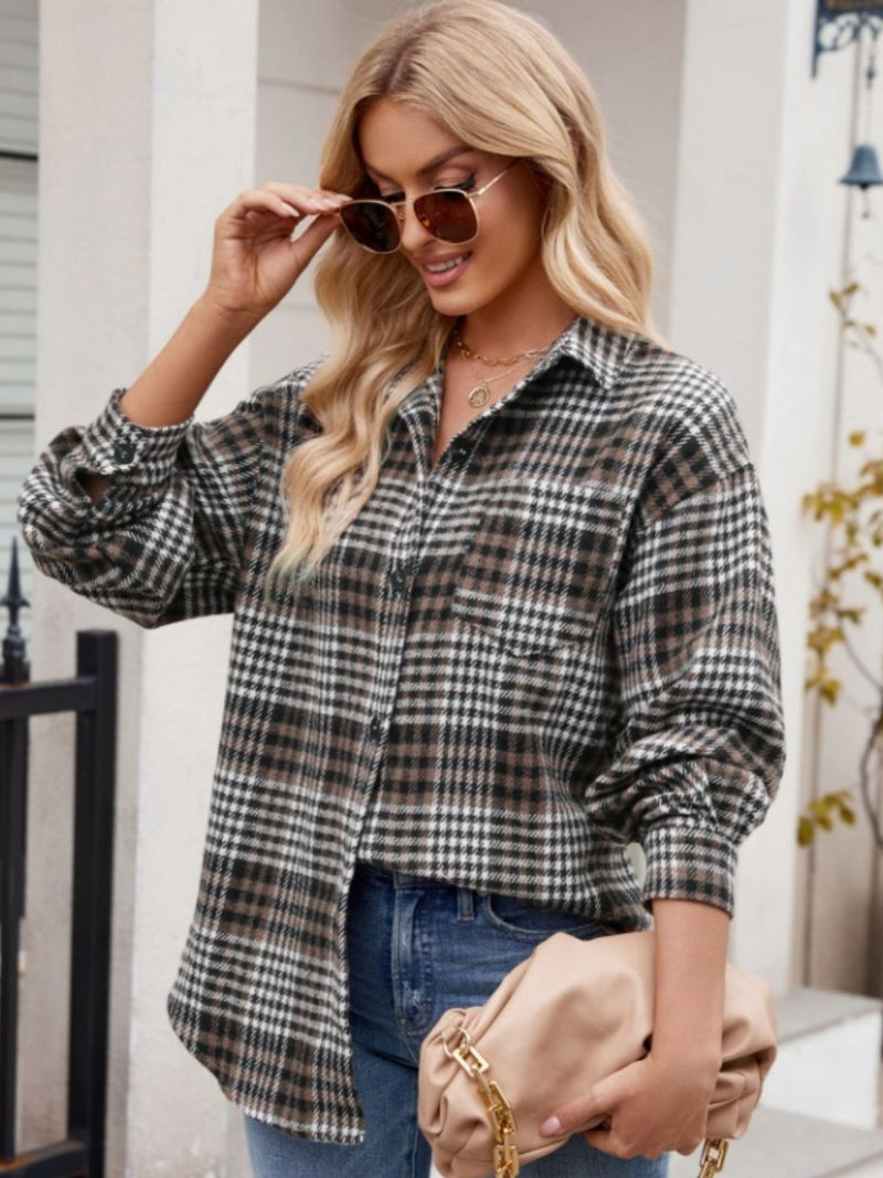 Mandy Pocketed Plaid Collared Neck Long Sleeve Shirt