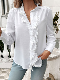 Lace Detail Ruffled Round Neck Long Sleeve Shirt