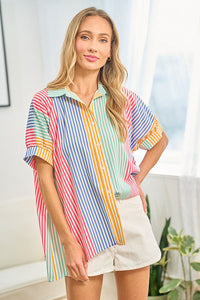 First Love Full Size Striped Button Down Short Sleeve Shirt