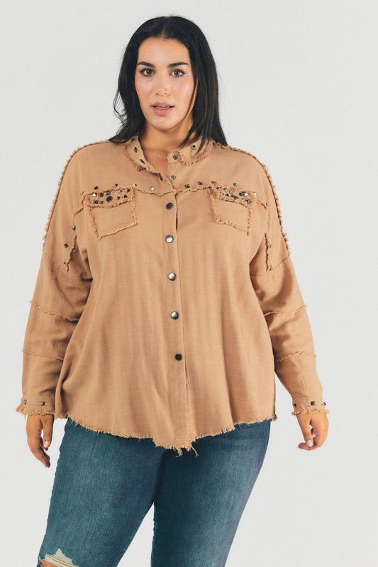 Plus Distressed hem button down oversize shirt