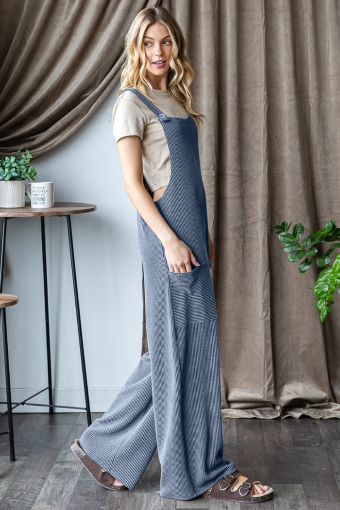 Heimish Full Size Ribbed Front Pocket Sleeveless Jumpsuit