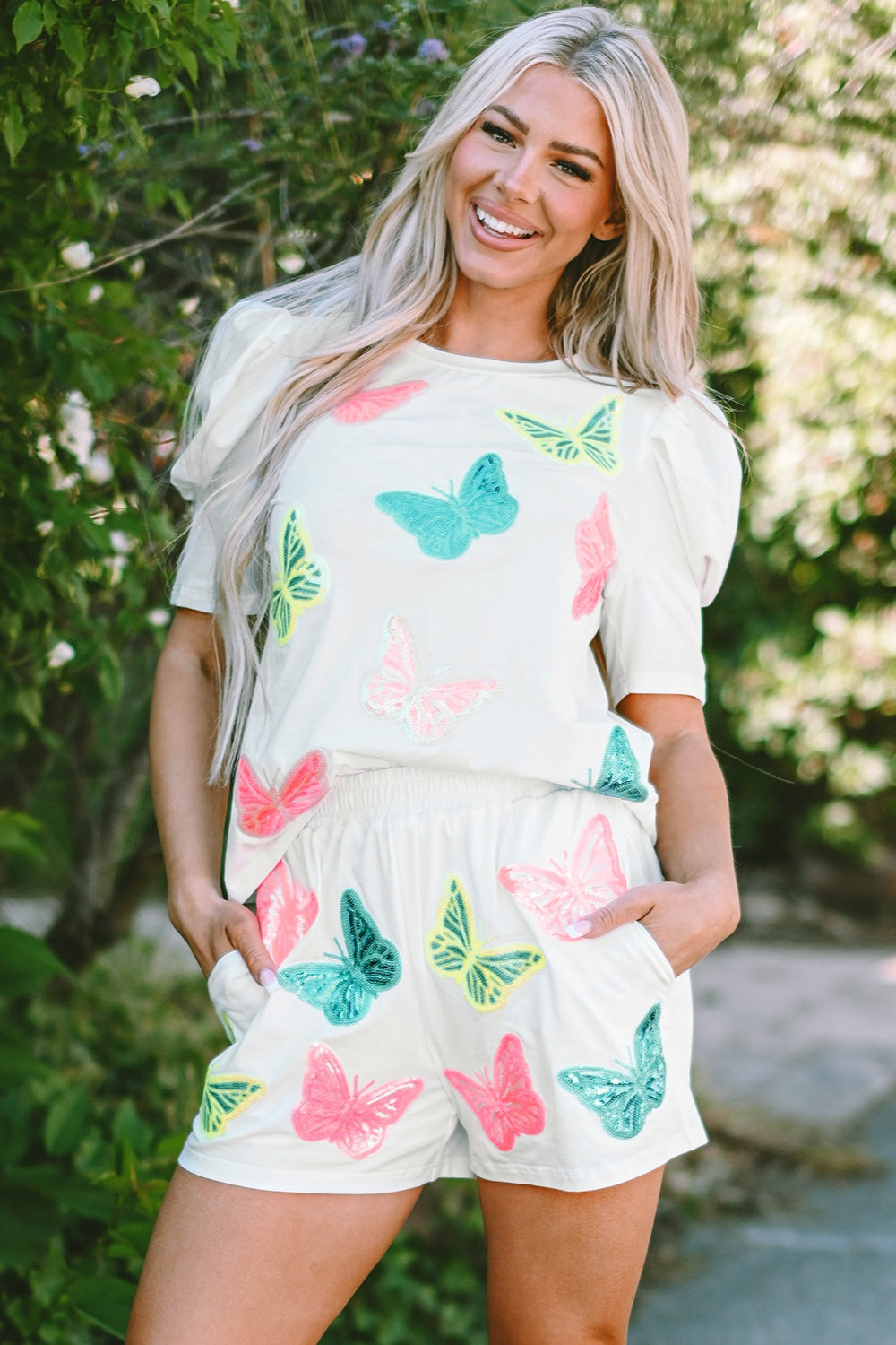 Butterfly Round Neck Top and Shorts Set