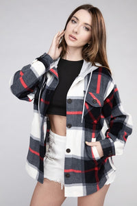 Plaid Drawstring Hooded Fleece Shacket