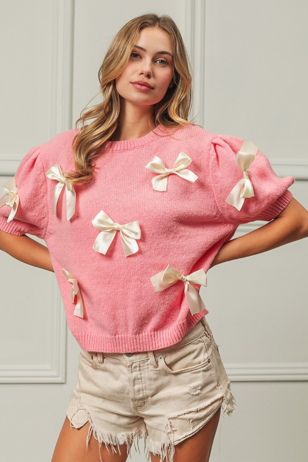 BiBi Ribbon Bow Detail Puff Sleeve Sweater – Blue Hawthorn