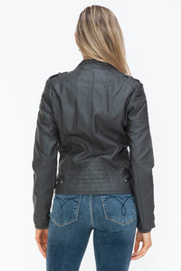 Snobbish PU Leather Biker Jacket with Side Zip Pockets