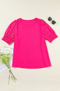 Plus Size Pearl Detail Round Neck Short Sleeve Blouse