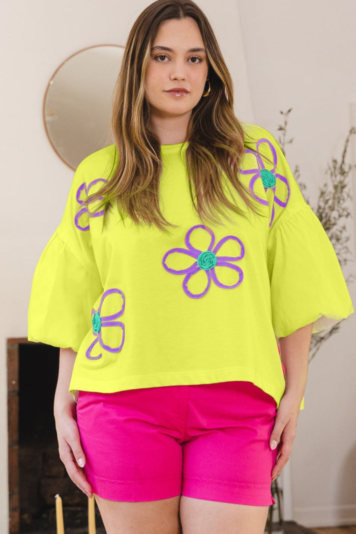ODDI Full Size Flower Embroidery Detail T-Shirt