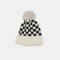 Checkered Knit Hat with Pompom