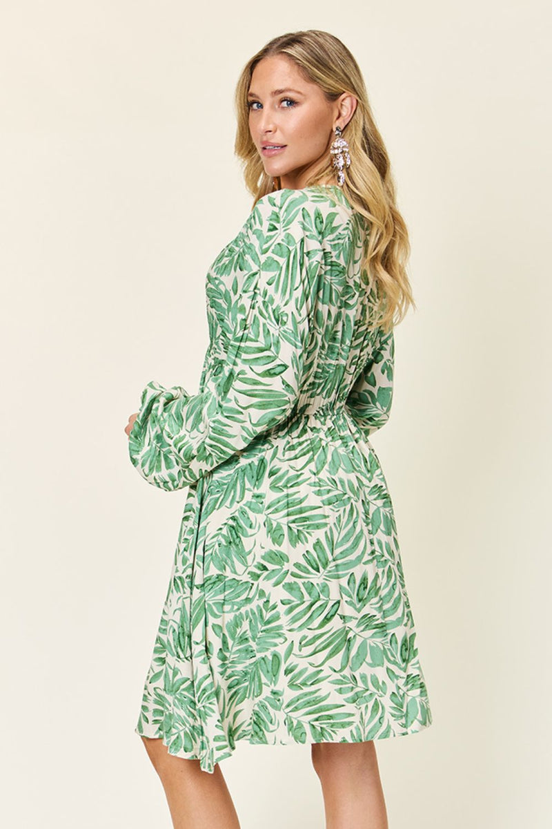 Double Take Full Size Printed Ruched Balloon Sleeve Dress