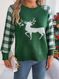 Reindeer Plaid Round Neck Long Sleeve Sweater