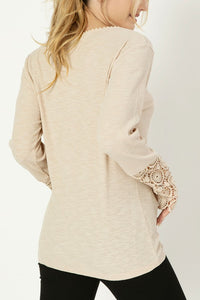Henley neck tee with lace trim