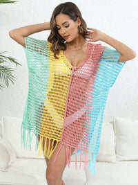 Fringe Color Block Scoop Neck Cover Up