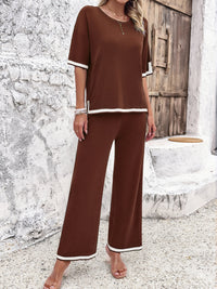 Contrast Trim Round Neck Top and Pants Set