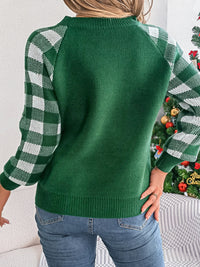 Reindeer Plaid Round Neck Long Sleeve Sweater