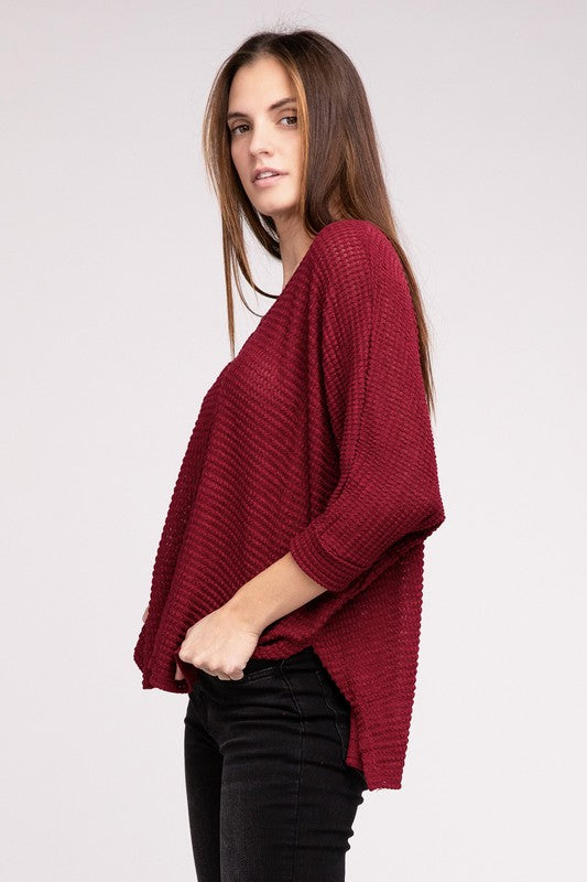 3/4 Sleeve V-Neck Hi-Low Hem Jacquard Sweater