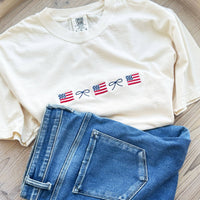 American Flag and Dainty Bow Embroidered Comfort Colors T-Shirt