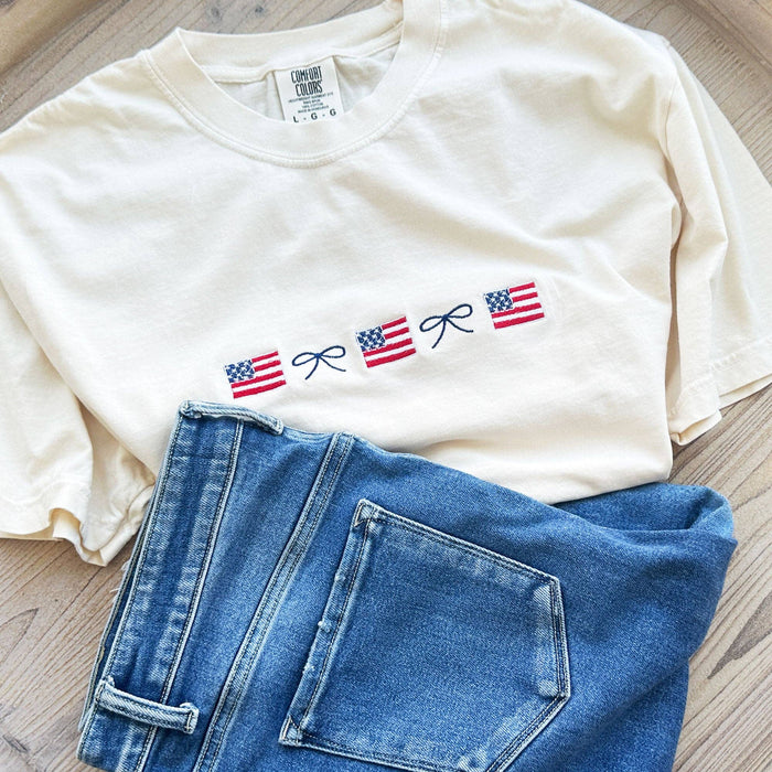 American Flag and Dainty Bow Embroidered Comfort Colors T-Shirt