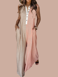 Striped Half Button Cap Sleeve Jumpsuit