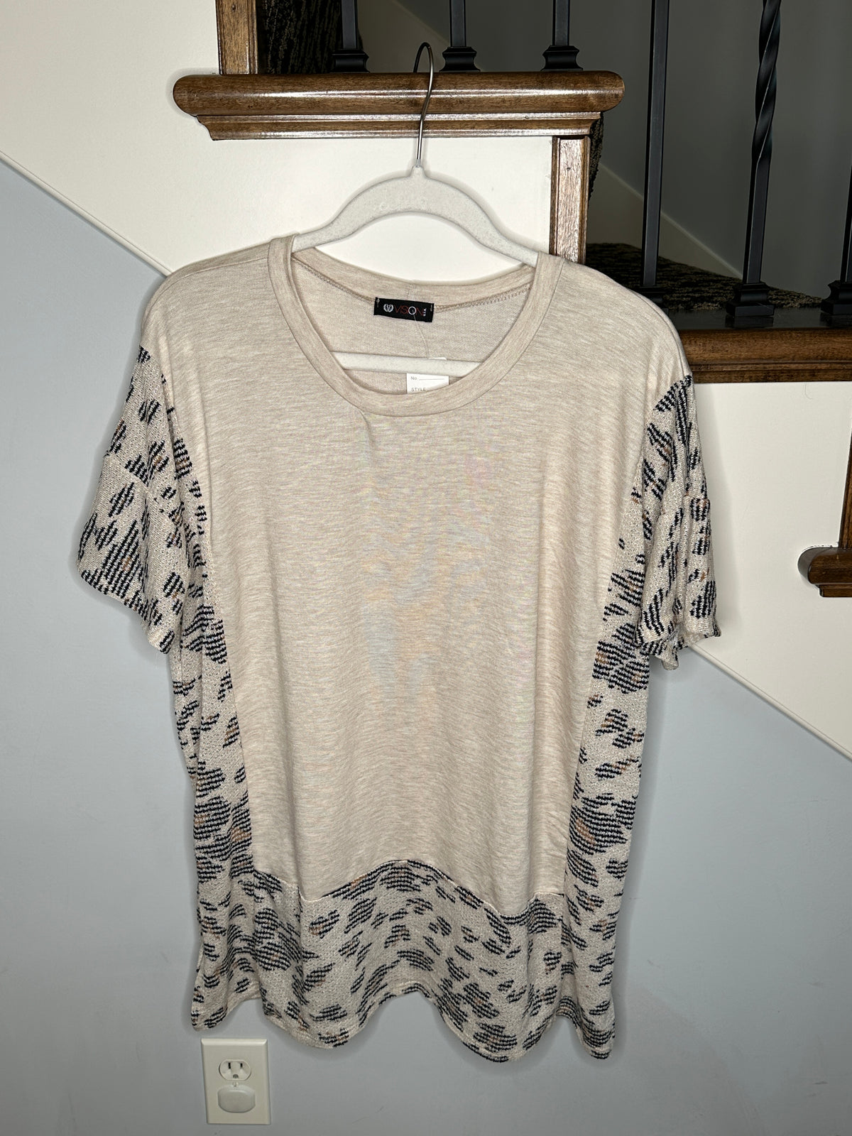 Short Sleeve Taupe Tunic with Knit Animal Print Sleeves