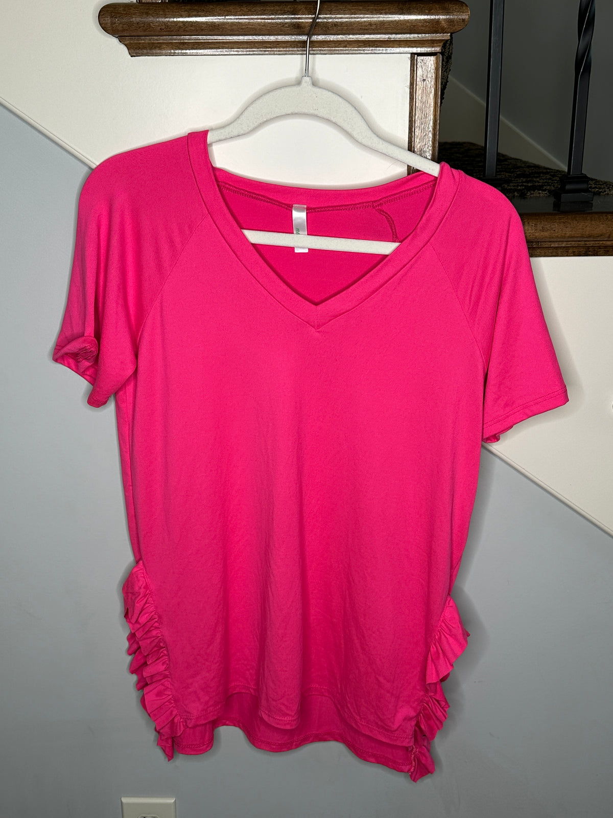 Side Ruffle Short Sleeve T-shirt in Hot Pink
