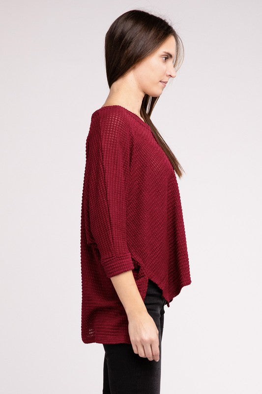 3/4 Sleeve V-Neck Hi-Low Hem Jacquard Sweater