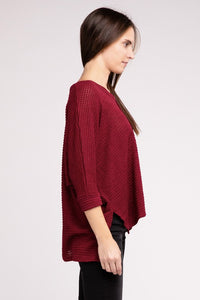 3/4 Sleeve V-Neck Hi-Low Hem Jacquard Sweater