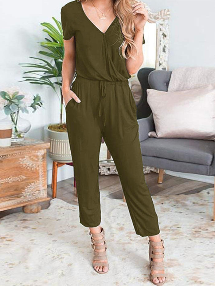 Drawstring Surplice Short Sleeve Jumpsuit