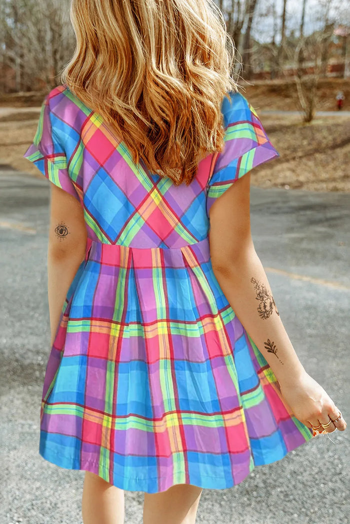 Plaid Notched Short Sleeve Mini Dress