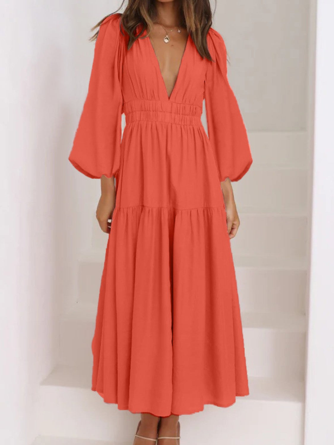 Deep V-Neck Balloon Sleeve Plain Maxi Dress Blue Hawthorn Boutique Deep V-Neck Balloon Sleeve Plain Maxi Dress Blue Hawthorn Boutique