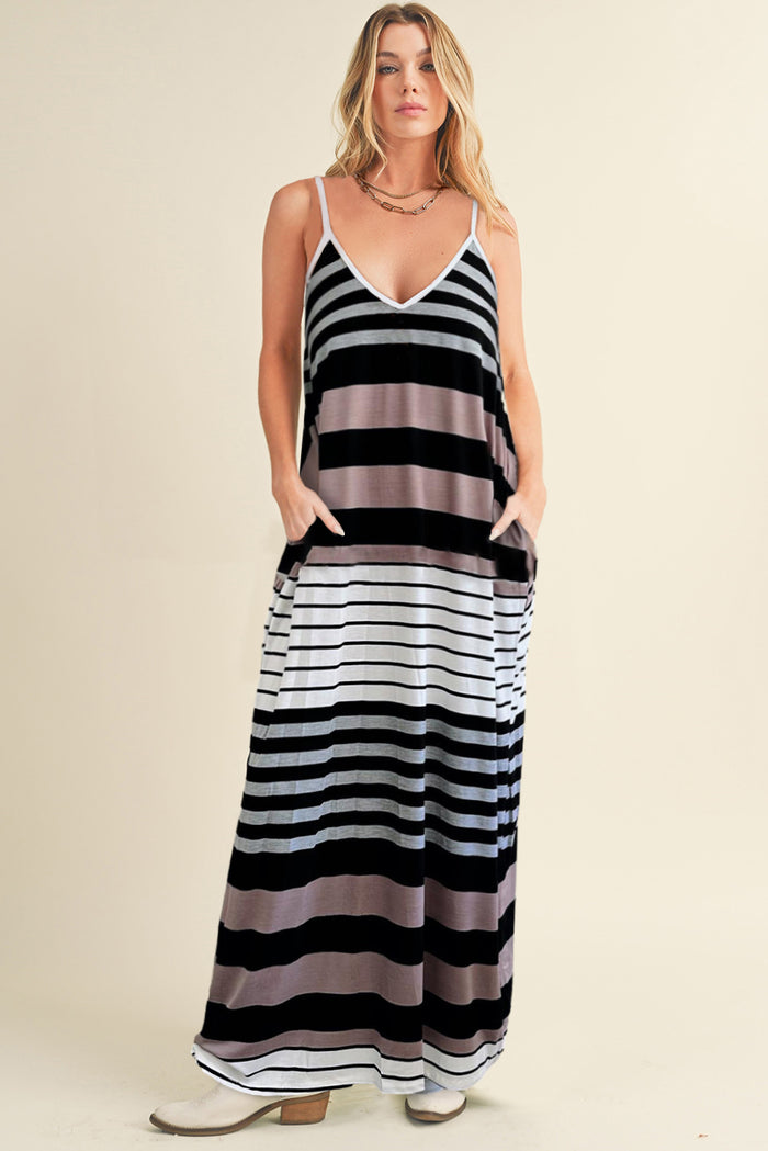 Pocketed Striped V-Neck Sleeveless Cami Dress