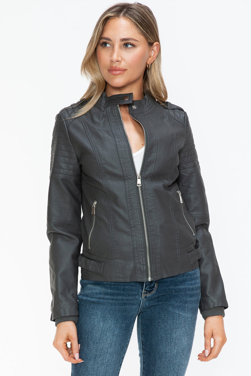 Snobbish PU Leather Biker Jacket with Side Zip Pockets