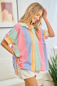 First Love Full Size Striped Button Down Short Sleeve Shirt