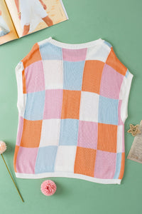 Color Block Round Neck Cap Sleeve Knit Top