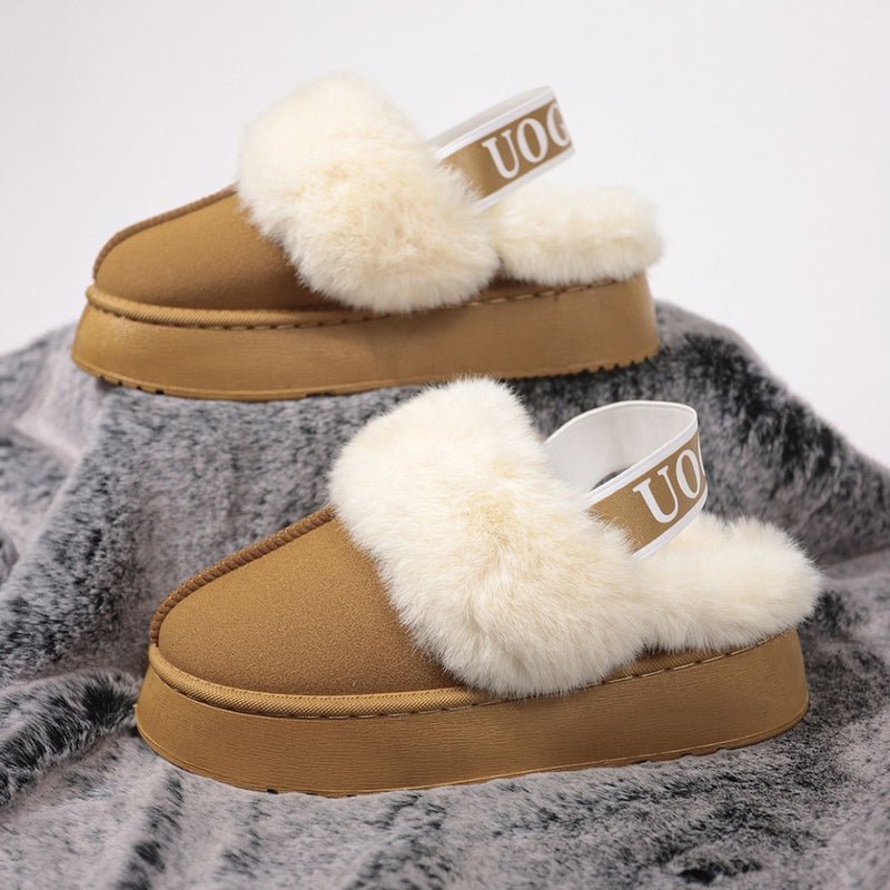 Plush Platform Slippers with Letter Strap