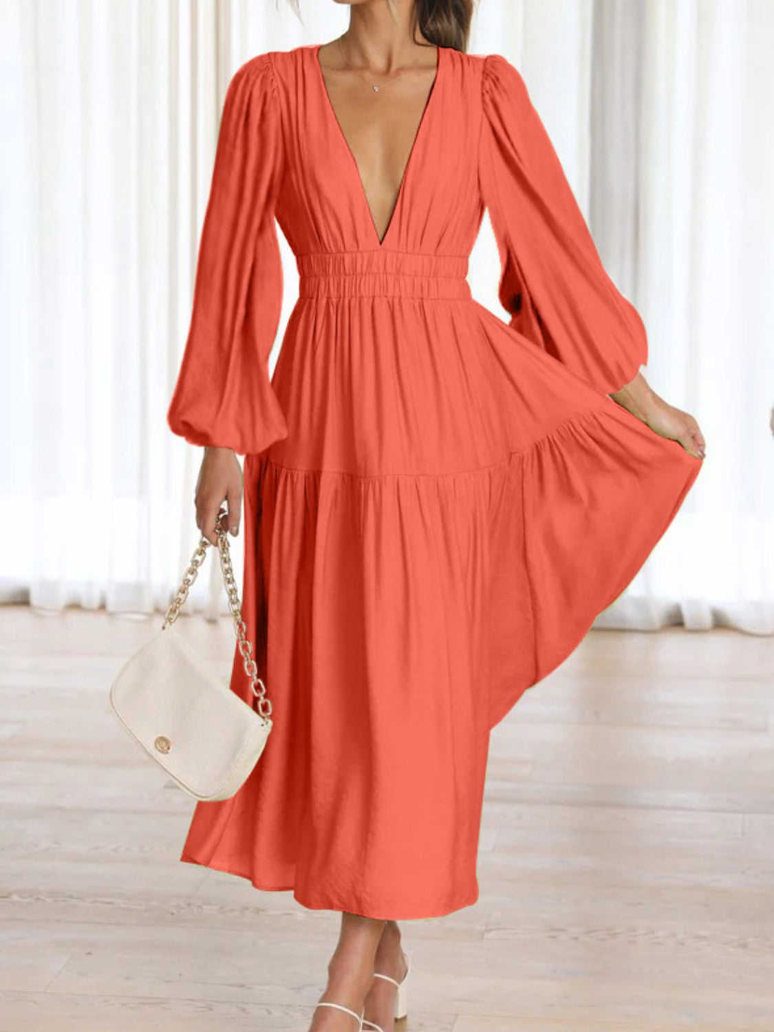 Deep V-Neck Balloon Sleeve Plain Maxi Dress Blue Hawthorn Boutique Deep V-Neck Balloon Sleeve Plain Maxi Dress Blue Hawthorn Boutique