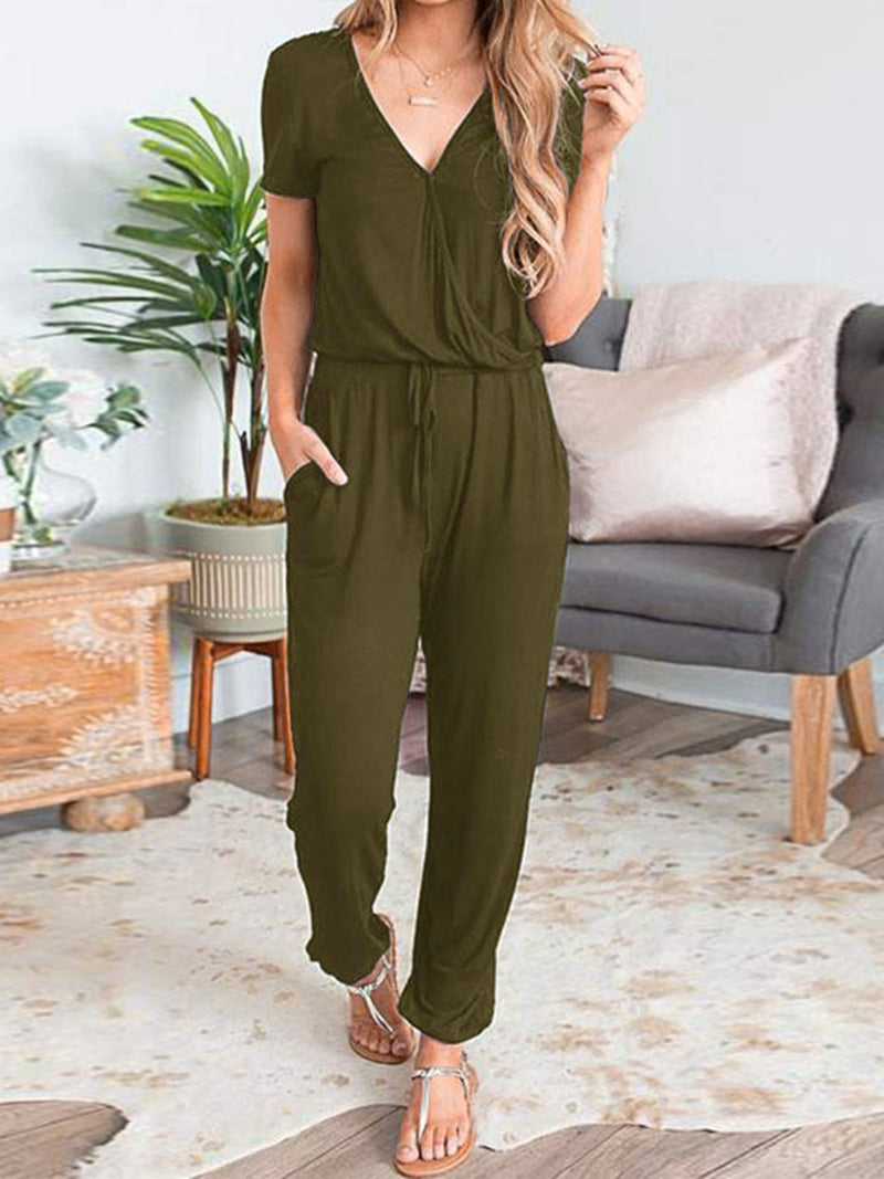 Drawstring Surplice Short Sleeve Jumpsuit